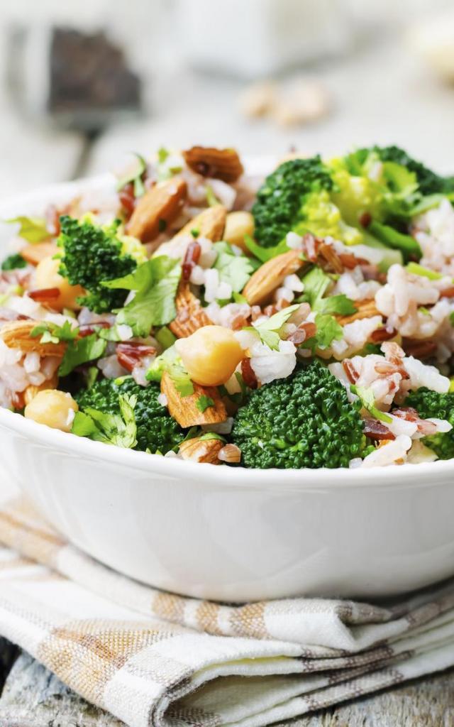 broccoli chickpea cilantro almond white and red rice. toning. selective Focus